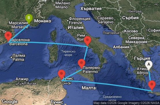 Маршрут на круиз Greece, Tunisia, Italy, Spain, France - ATH08A0B