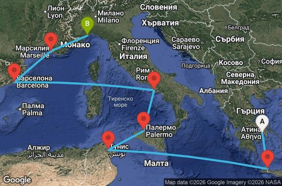 Маршрут на круиз Greece, Tunisia, Italy, Spain, France - ATH09A0L