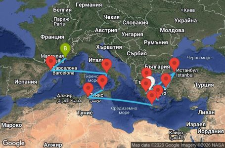 Маршрут на круиз Greece, Turkey, Tunisia, Italy, Spain, France - ATH15A0A