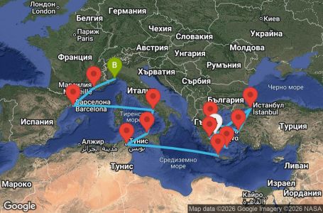Маршрут на круиз Greece, Turkey, Tunisia, Italy, Spain, France - ATH16A01