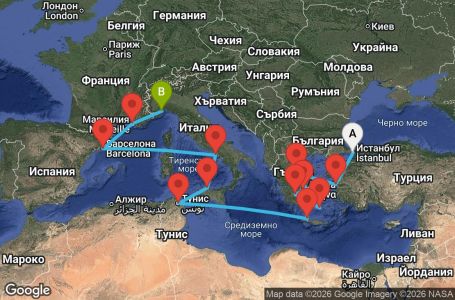 Маршрут на круиз Turkey, Greece, Tunisia, Italy, Spain, France - IST14A0K