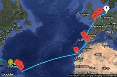 Маршрут на круиз Germany, England, France, Portugal, Spain, Canary Islands, Antilles, Virgin Islands - HAM22A0A