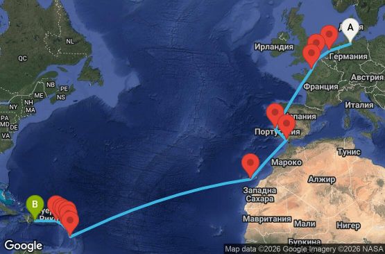 Маршрут на круиз Germany, England, France, Portugal, Spain, Canary Islands, Antilles, Virgin Islands - HAM22A0A