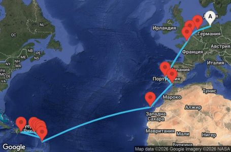 Маршрут на круиз Germany, England, France, Portugal, Spain, Canary Islands, Antilles, Virgin Islands - HAM24A05