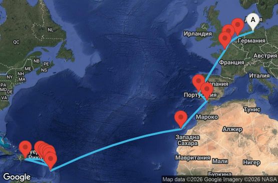 Маршрут на круиз Germany, England, France, Portugal, Spain, Canary Islands, Antilles, Virgin Islands - HAM24A05