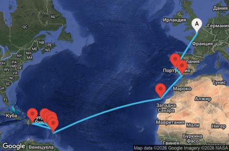 Маршрут на круиз France, Portugal, Spain, Canary Islands, Antilles, Virgin Islands - LEH20A02