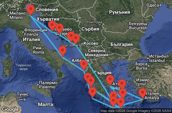 Маршрут на круиз Italy, Greece, Montenegro, Croatia - PMA14A4V