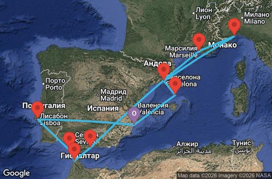 Маршрут на круиз Spain, Portugal, Morocco, France, Italy - ALC10A04