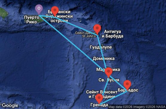 Маршрут на круиз 7 дни Пуерто Рико, Барбадос, Гренада, Сейнт Лусия, Антигуа и Барбуда, Вирджински острови на САЩ - VI07D562