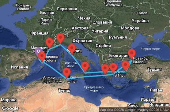 Маршрут на круиз 14 дни Испания, Франция, Италия, Турция, Гърция, Тунис - BCN14A51