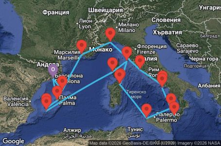 Маршрут на круиз 14 дни Испания, Франция, Италия - BCN14A50