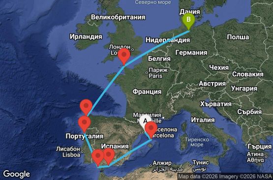Маршрут на круиз 10 дни Испания, Португалия, Франция, Германия - BCN10A1U