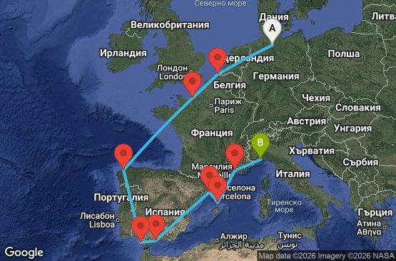 Маршрут на круиз 12 дни Германия, Белгия, Франция, Испания, Италия - HAM12A0Y
