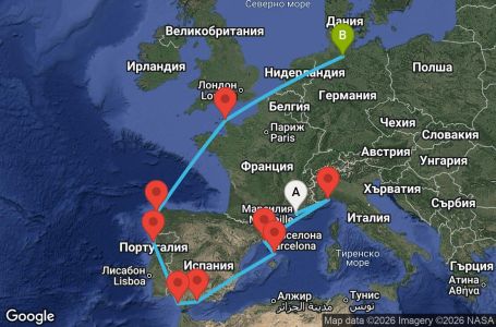 Маршрут на круиз 12 дни Франция, Италия, Испания, Португалия, Германия - MRS12A0K