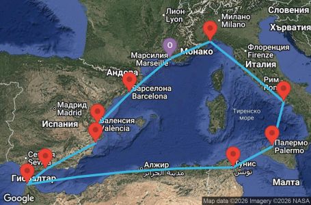 Маршрут на круиз France, Italy, Tunisia, Morocco, Spain - MRS12112