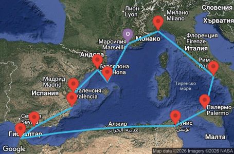 Маршрут на круиз France, Italy, Tunisia, Morocco, Spain - MRS12A0L