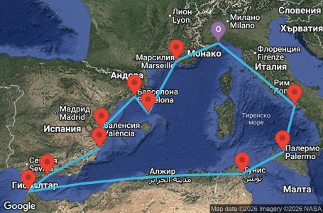 Маршрут на круиз Italy, Tunisia, Morocco, Spain, France - SVN12A1B