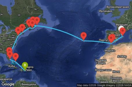 Маршрут на круиз Spain, Gibraltar, The Azores, Canada, United States, Florida (USA), Dominican Republic - BCN26A05