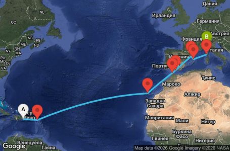 Маршрут на круиз Dominican Republic, Antilles, Canary Islands, Morocco, Spain, Corsica (France), Italy - LRM16A05