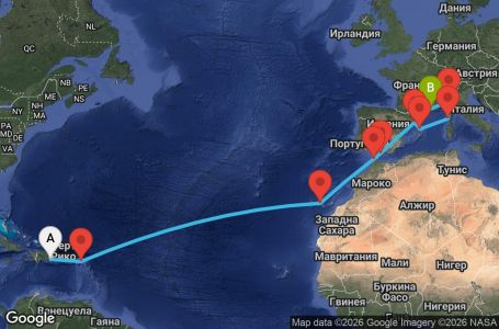 Маршрут на круиз Dominican Republic, Antilles, Canary Islands, Morocco, Spain, Corsica (France), Italy, France - LRM17A02