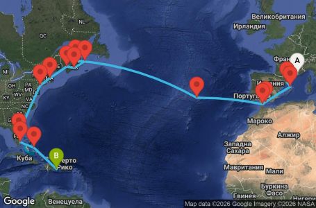 Маршрут на круиз France, Spain, Gibraltar, The Azores, Canada, United States, Florida (USA), Dominican Republic - MRS27A07