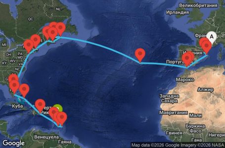 Маршрут на круиз France, Spain, Gibraltar, The Azores, Canada, United States, Florida (USA), Dominican Republic, Antilles - MRS31A02