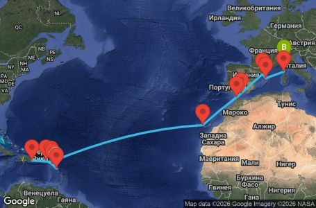 Маршрут на круиз Antilles, Virgin Islands, Dominican Republic, Canary Islands, Morocco, Spain, Corsica (France), Italy - PTP19A08