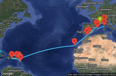 Маршрут на круиз Antilles, Virgin Islands, Dominican Republic, Canary Islands, Morocco, Spain, Corsica (France), Italy, France - PTP20A0A