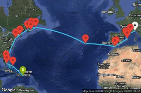 Маршрут на круиз Italy, France, Spain, Gibraltar, The Azores, Canada, United States, Florida (USA), Dominican Republic - SVN28A05