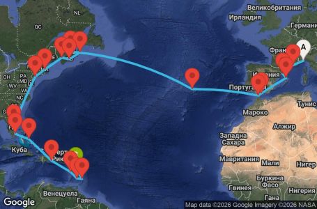 Маршрут на круиз Italy, France, Spain, Gibraltar, The Azores, Canada, United States, Florida (USA), Dominican Republic, Antilles - SVN32A03