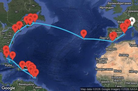 Маршрут на круиз Italy, France, Spain, Gibraltar, The Azores, Canada, United States, Florida (USA), Dominican Republic, Antilles, Virgin Islands - SVN35A02