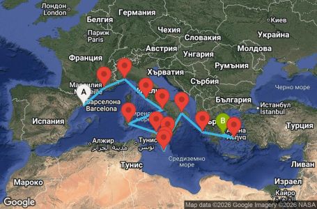 Маршрут на круиз 12 дни Испания, Франция, Италия, Малта, Гърция - BCN12A1D