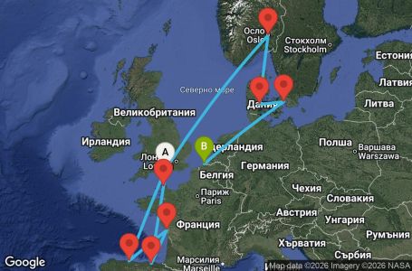 Маршрут на круиз 14 дни Великобритания, Испания, Франция, Норвегия, Дания, Белгия - Q12Y