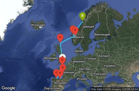 Маршрут на круиз 14 дни Великобритания, Испания, Франция, Норвегия - Q12X
