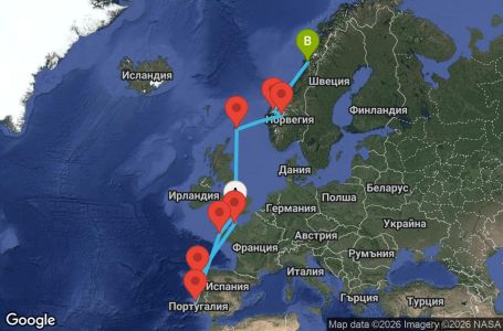 Маршрут на круиз 14 дни Великобритания, Франция, Португалия, Испания, Норвегия - Q12Z