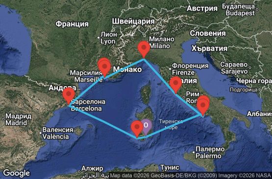 Маршрут на круиз 7 дни Италия, Франция, Испания