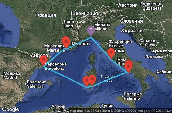 Маршрут на круиз 7 дни Италия, Франция, Испания