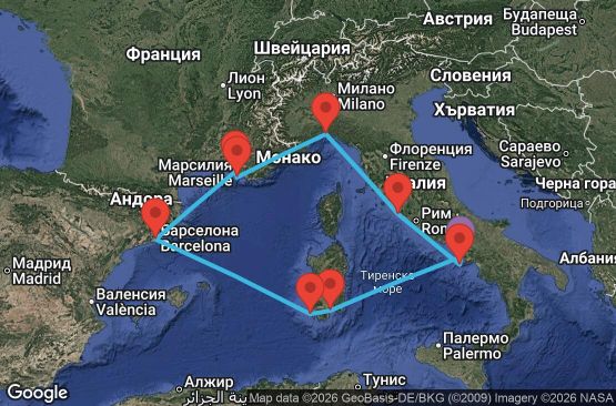 Маршрут на круиз 7 дни Италия, Франция, Испания
