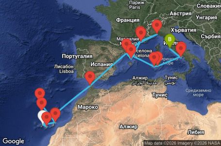 Маршрут на круиз 17 дни Испания, Португалия, Мароко, Франция, Италия