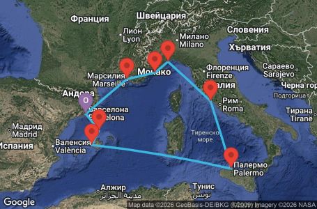 Маршрут на круиз Spain, Balearic Islands, Italy, France