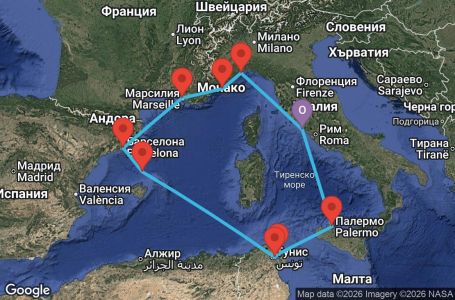 Маршрут на круиз Italy, France, Spain, Tunisia