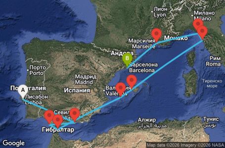 Маршрут на круиз EUROPE - FRANCE & IBERIA (LIS/BCN)