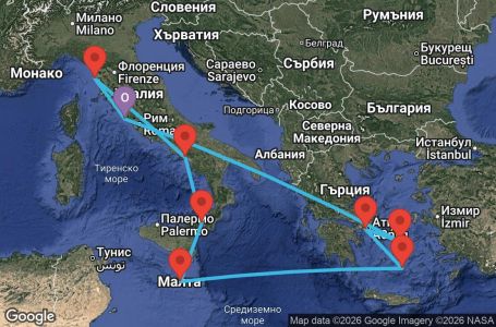 Маршрут на круиз 10 дни Гръцки острови и Италия