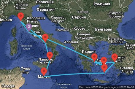 Маршрут на круиз 11 дни Гръцки острови и Италия