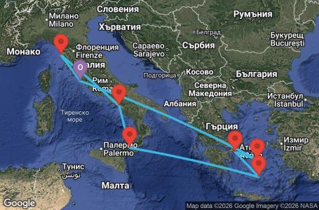 Маршрут на круиз 9 дни Гръцки острови и Италия