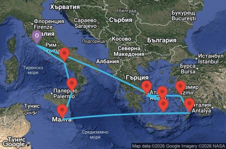 Маршрут на круиз 12 дни Гръцки острови и Италия