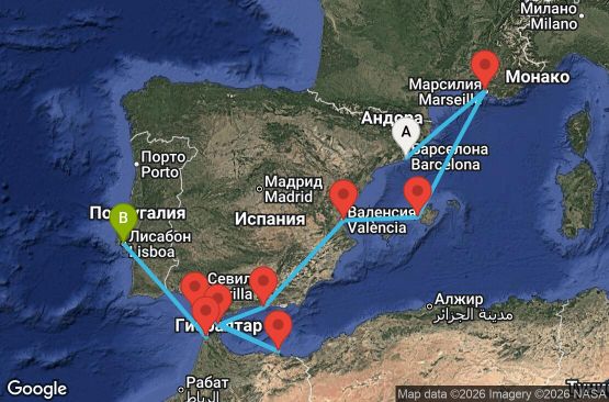 Маршрут на круиз 10 дни Западно Средиземноморие от Барселона