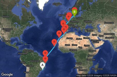 Маршрут на круиз 25 дни Бразилия, Кабо Верде, Испания, Мароко, Португалия, Франция, Великобритания, Дания, Германия