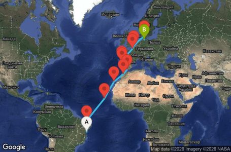 Маршрут на круиз 22 дни Бразилия, Кабо Верде, Испания, Мароко, Португалия, Франция, Великобритания, Дания, Германия