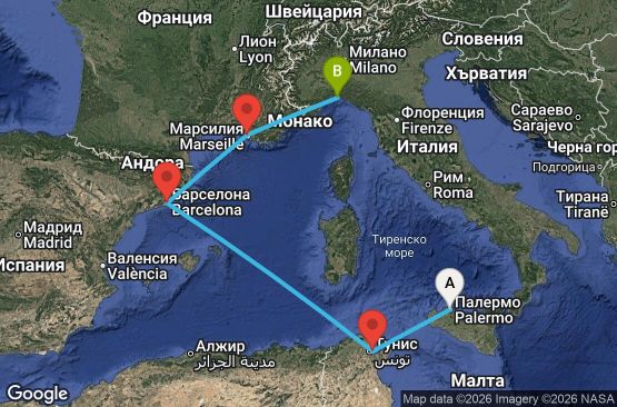 Маршрут на круиз 5 дни Италия, Тунис, Испания, Франция